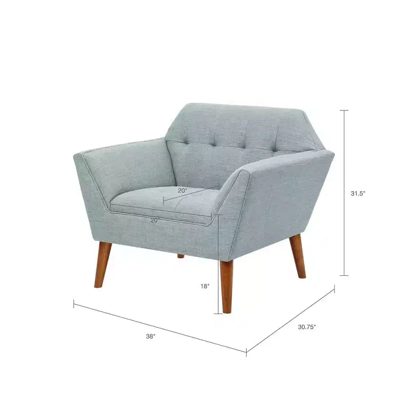 Midcentury Modern Accent Chair, Linen Upholstered Tufted Armchair with Wood Frame, Blue Reading Chair for Living Room Bedroom