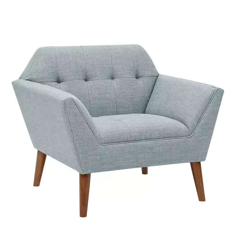 Midcentury Modern Accent Chair, Linen Upholstered Tufted Armchair with Wood Frame, Blue Reading Chair for Living Room Bedroom