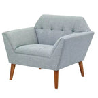 Midcentury Modern Accent Chair, Linen Upholstered Tufted Armchair with Wood Frame, Blue Reading Chair for Living Room Bedroom