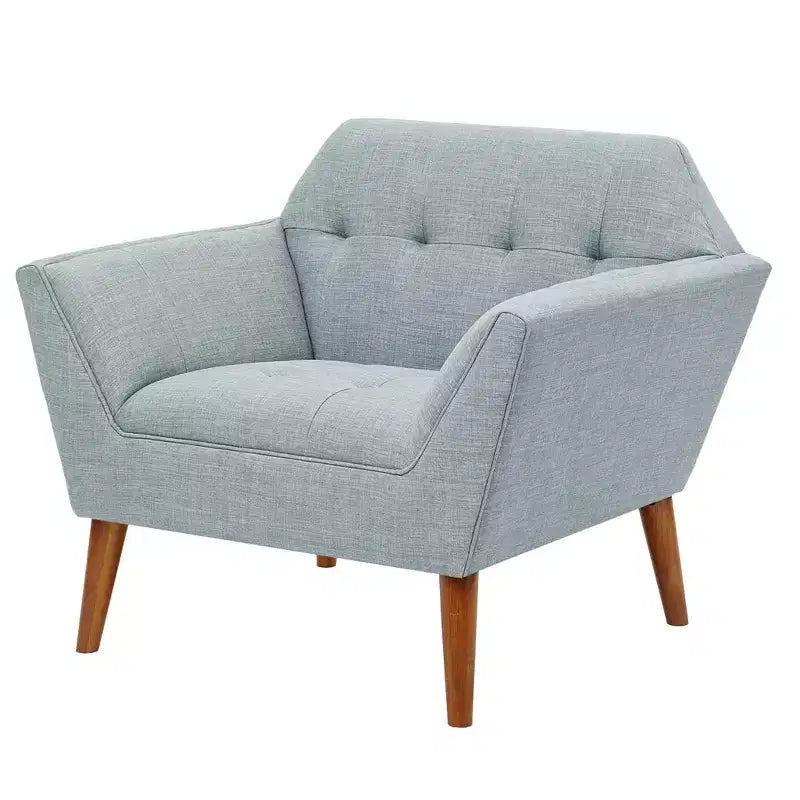Midcentury Modern Accent Chair, Linen Upholstered Tufted Armchair with Wood Frame, Blue Reading Chair for Living Room Bedroom