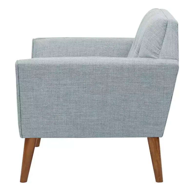 Midcentury Modern Accent Chair, Linen Upholstered Tufted Armchair with Wood Frame, Blue Reading Chair for Living Room Bedroom