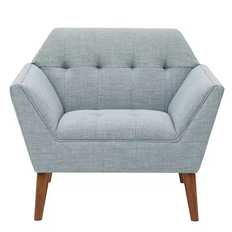 Midcentury Modern Accent Chair, Linen Upholstered Tufted Armchair with Wood Frame, Blue Reading Chair for Living Room Bedroom