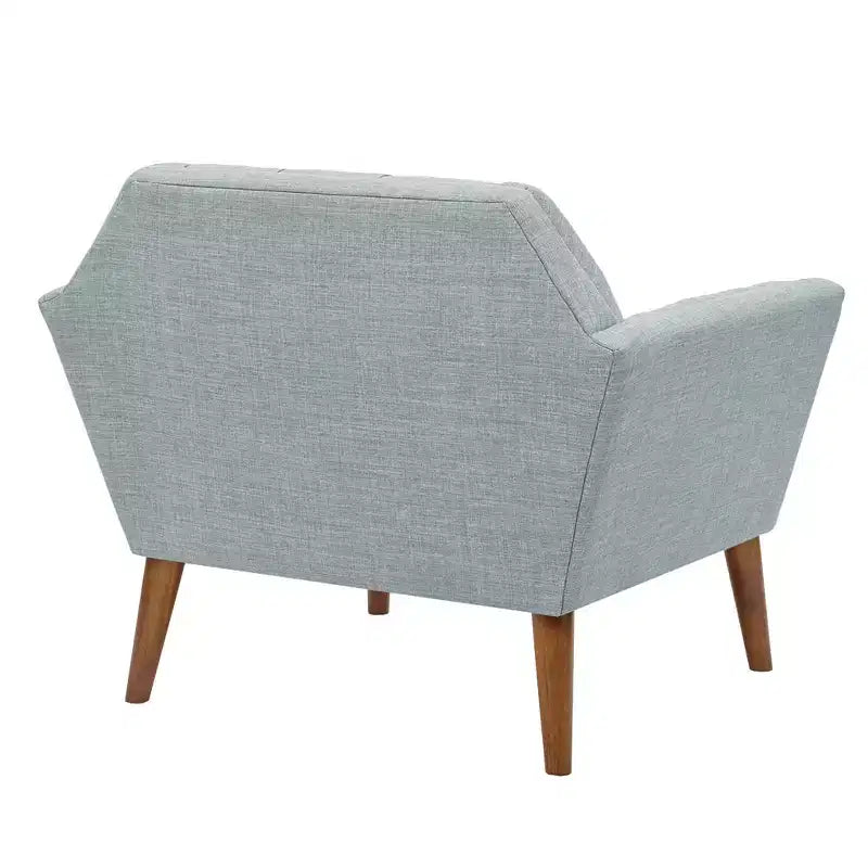 Midcentury Modern Accent Chair, Linen Upholstered Tufted Armchair with Wood Frame, Blue Reading Chair for Living Room Bedroom