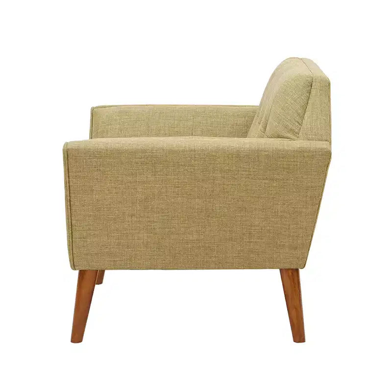 Midcentury Modern Accent Chair, Linen Upholstered Tufted Armchair with Wood Frame, Blue Reading Chair for Living Room Bedroom