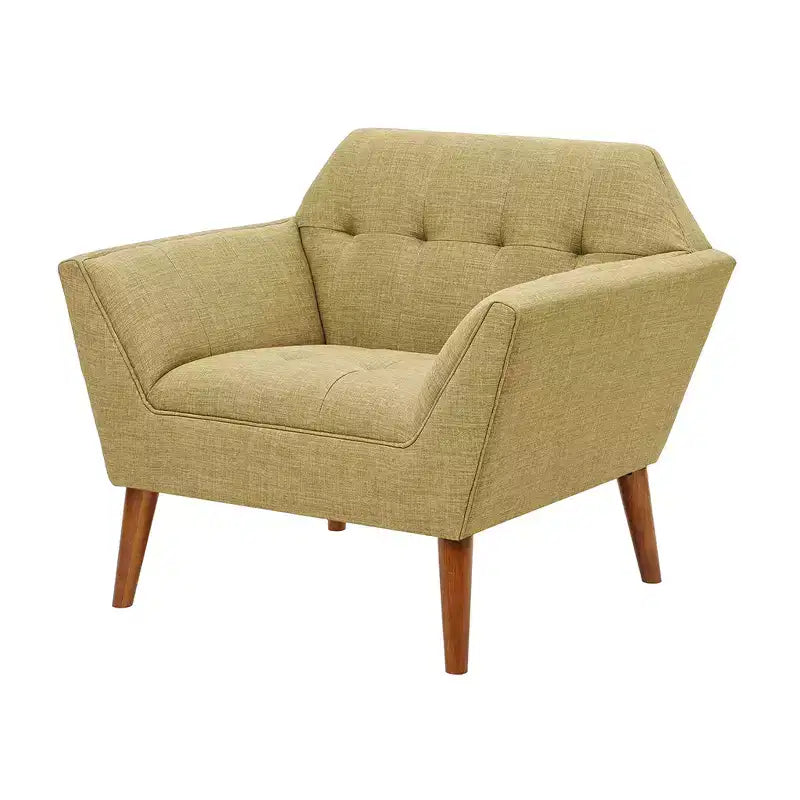 Midcentury Modern Accent Chair, Linen Upholstered Tufted Armchair with Wood Frame, Blue Reading Chair for Living Room Bedroom