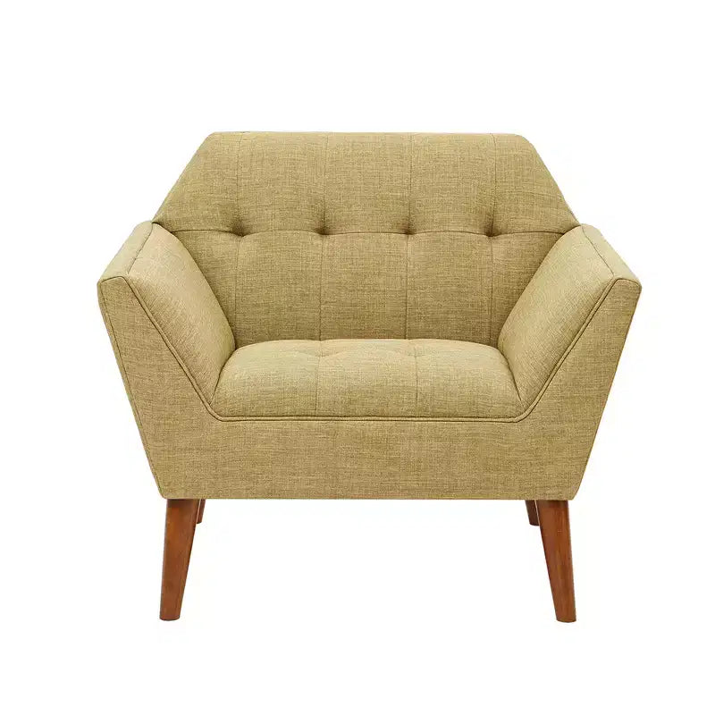 Midcentury Modern Accent Chair, Linen Upholstered Tufted Armchair with Wood Frame, Blue Reading Chair for Living Room Bedroom