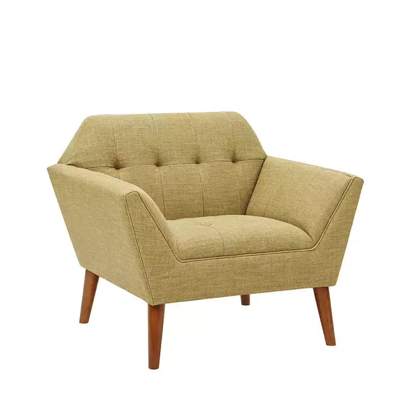 Midcentury Modern Accent Chair, Linen Upholstered Tufted Armchair with Wood Frame, Blue Reading Chair for Living Room Bedroom