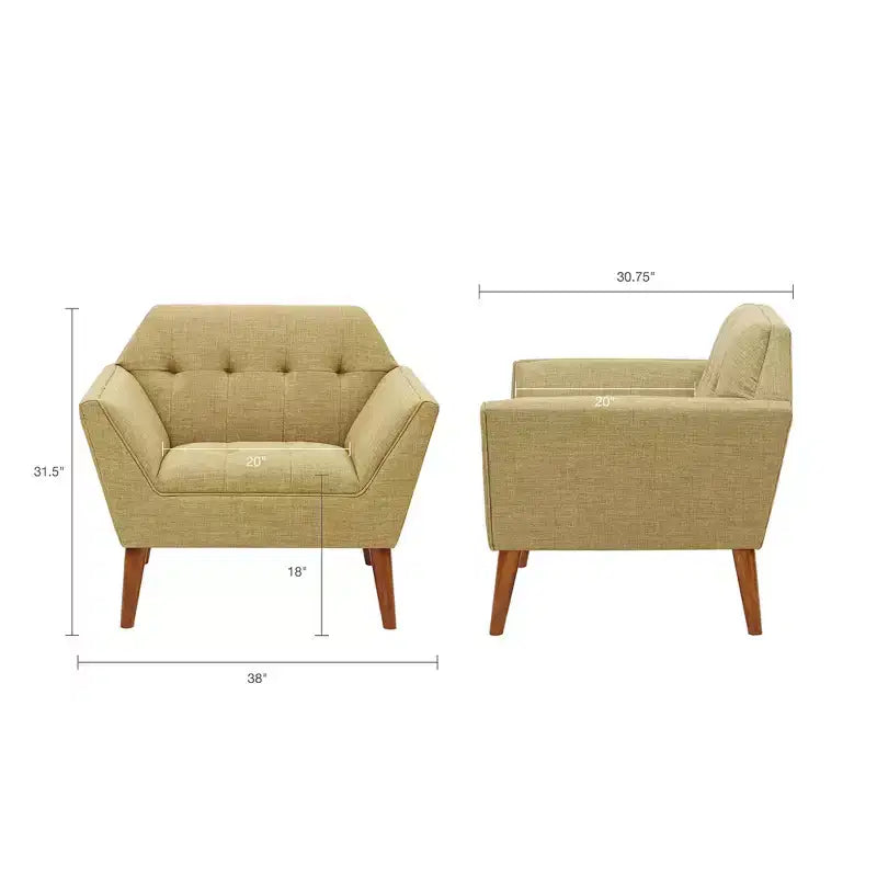 Midcentury Modern Accent Chair, Linen Upholstered Tufted Armchair with Wood Frame, Blue Reading Chair for Living Room Bedroom