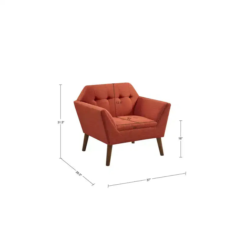 Midcentury Modern Accent Chair, Linen Upholstered Tufted Armchair with Wood Frame, Blue Reading Chair for Living Room Bedroom