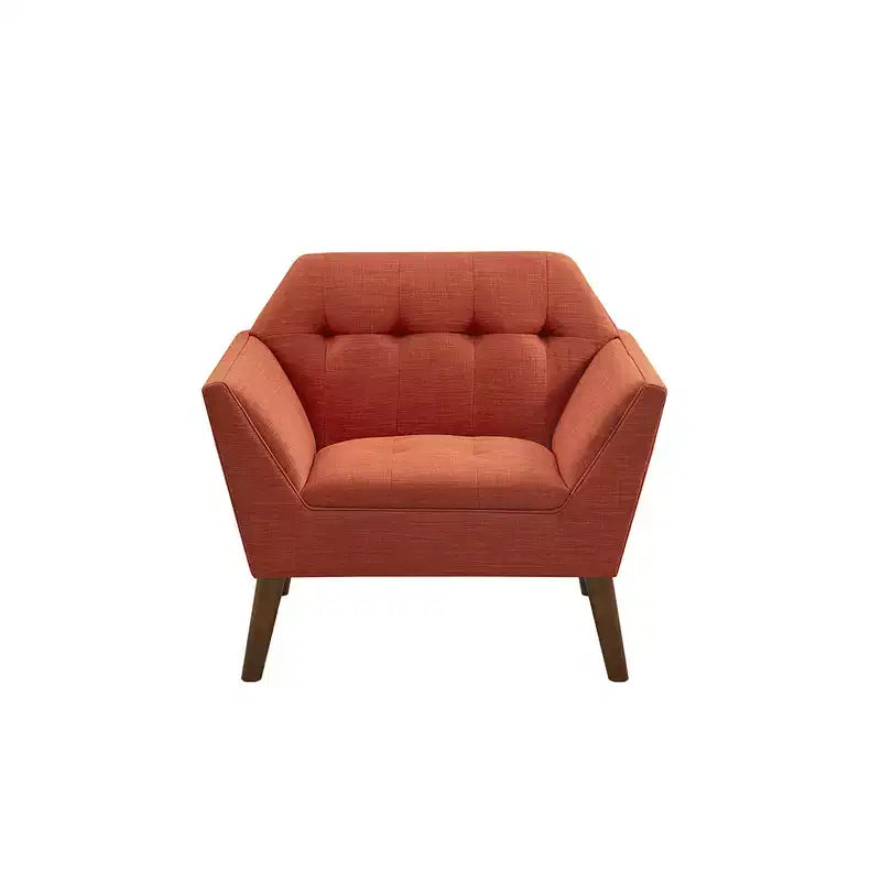 Midcentury Modern Accent Chair, Linen Upholstered Tufted Armchair with Wood Frame, Blue Reading Chair for Living Room Bedroom