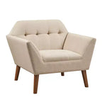 Midcentury Modern Accent Chair, Linen Upholstered Tufted Armchair with Wood Frame, Blue Reading Chair for Living Room Bedroom