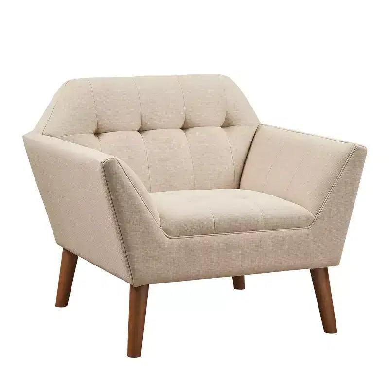 Midcentury Modern Accent Chair, Linen Upholstered Tufted Armchair with Wood Frame, Blue Reading Chair for Living Room Bedroom