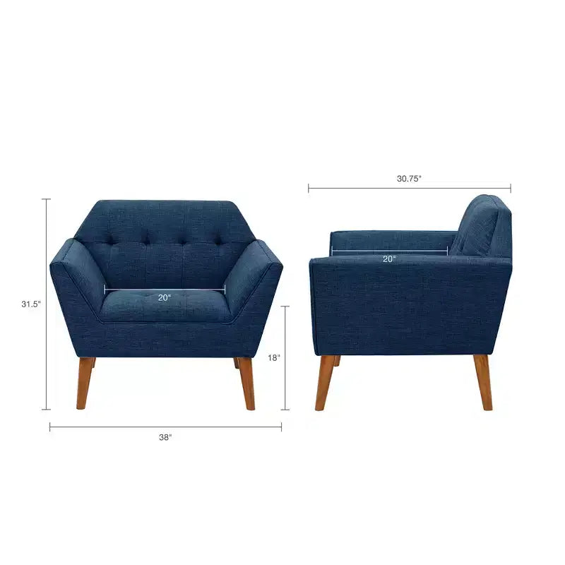 Midcentury Modern Accent Chair, Linen Upholstered Tufted Armchair with Wood Frame, Blue Reading Chair for Living Room Bedroom
