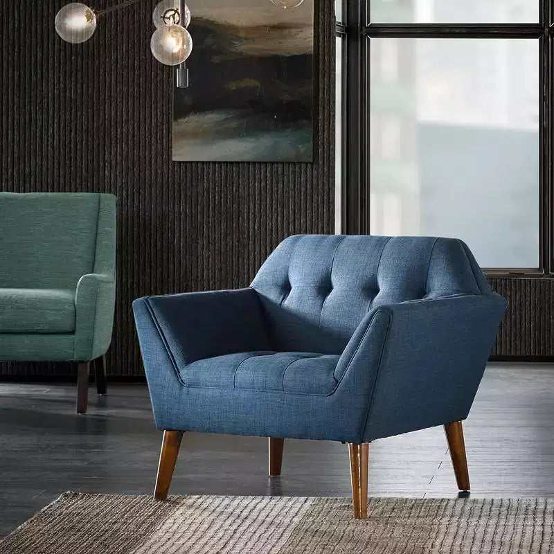 Midcentury Modern Accent Chair, Linen Upholstered Tufted Armchair with Wood Frame, Blue Reading Chair for Living Room Bedroom