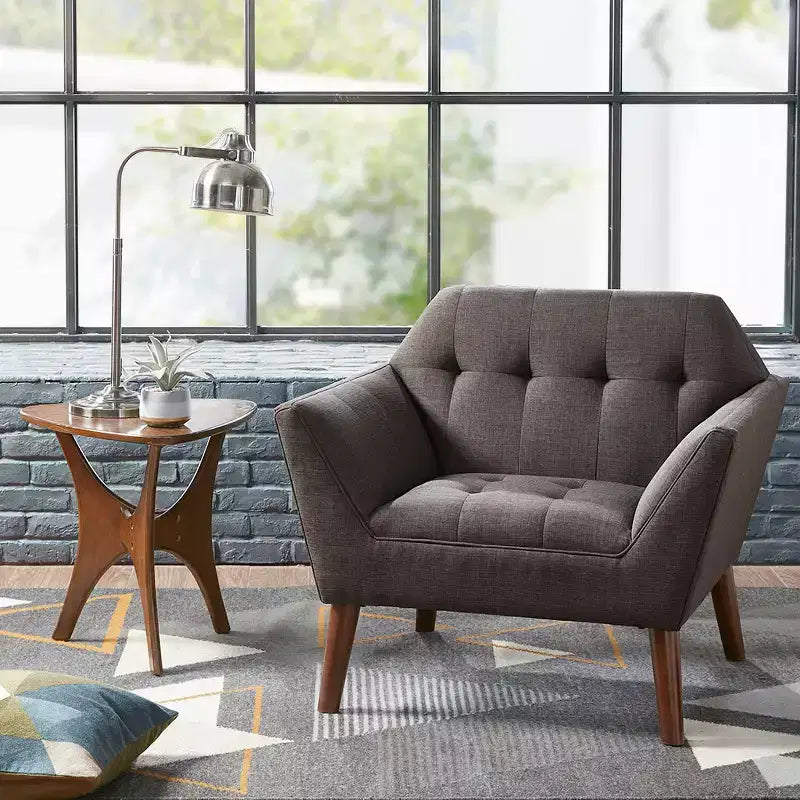Midcentury Modern Accent Chair, Linen Upholstered Tufted Armchair with Wood Frame, Blue Reading Chair for Living Room Bedroom
