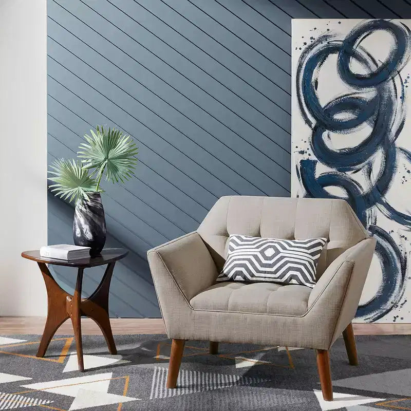Midcentury Modern Accent Chair, Linen Upholstered Tufted Armchair with Wood Frame, Blue Reading Chair for Living Room Bedroom