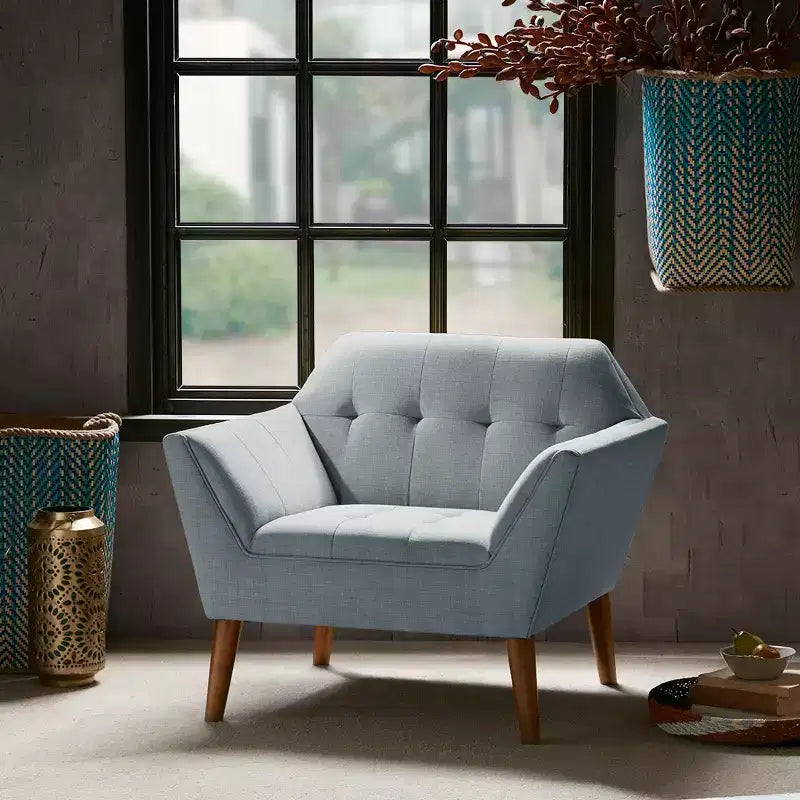 Midcentury Modern Accent Chair, Linen Upholstered Tufted Armchair with Wood Frame, Blue Reading Chair for Living Room Bedroom