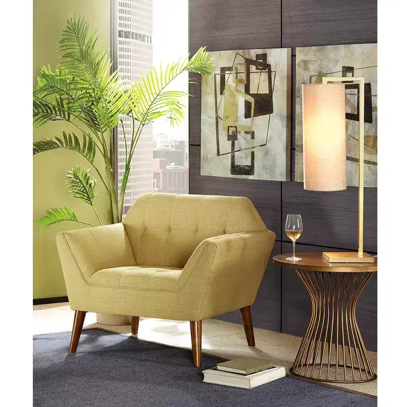 Midcentury Modern Accent Chair, Linen Upholstered Tufted Armchair with Wood Frame, Blue Reading Chair for Living Room Bedroom