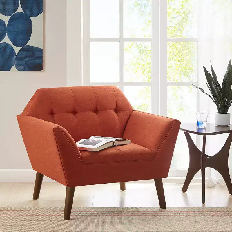 Midcentury Modern Accent Chair, Linen Upholstered Tufted Armchair with Wood Frame, Blue Reading Chair for Living Room Bedroom