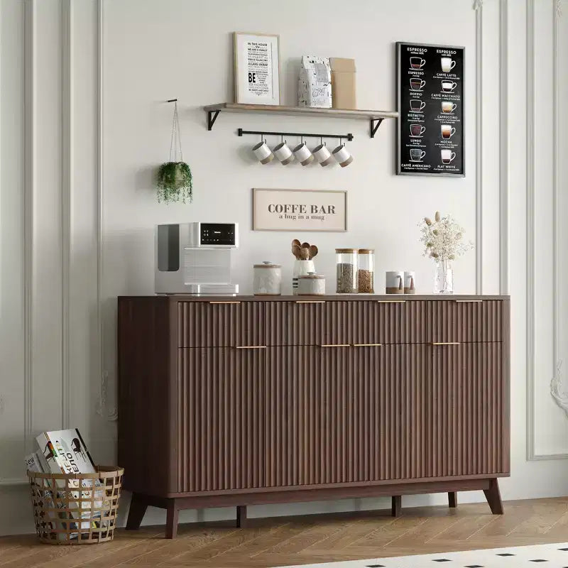 60 Large Sideboard Buffet Cabinet with Storage, Fluted Storage Cabinet with Drawers and Adjustable Shelves, Wooden Coffee Bar Console Table