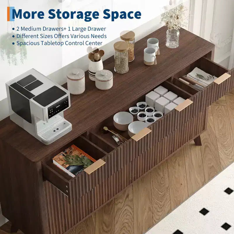 60 Large Sideboard Buffet Cabinet with Storage, Fluted Storage Cabinet with Drawers and Adjustable Shelves, Wooden Coffee Bar Console Table