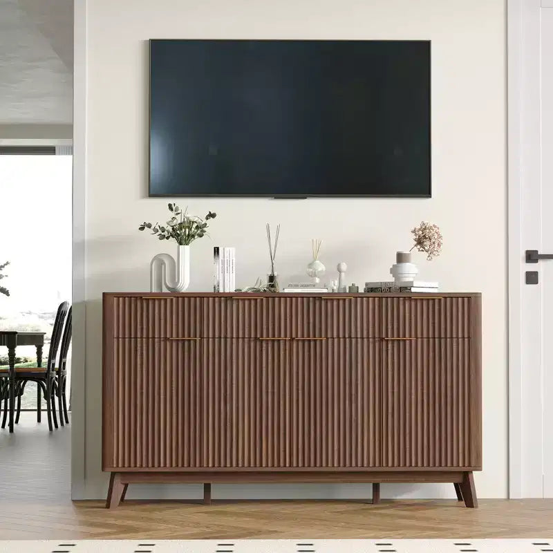 60 Large Sideboard Buffet Cabinet with Storage, Fluted Storage Cabinet with Drawers and Adjustable Shelves, Wooden Coffee Bar Console Table