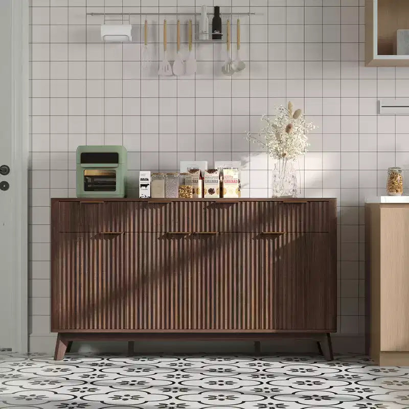 60 Large Sideboard Buffet Cabinet with Storage, Fluted Storage Cabinet with Drawers and Adjustable Shelves, Wooden Coffee Bar Console Table