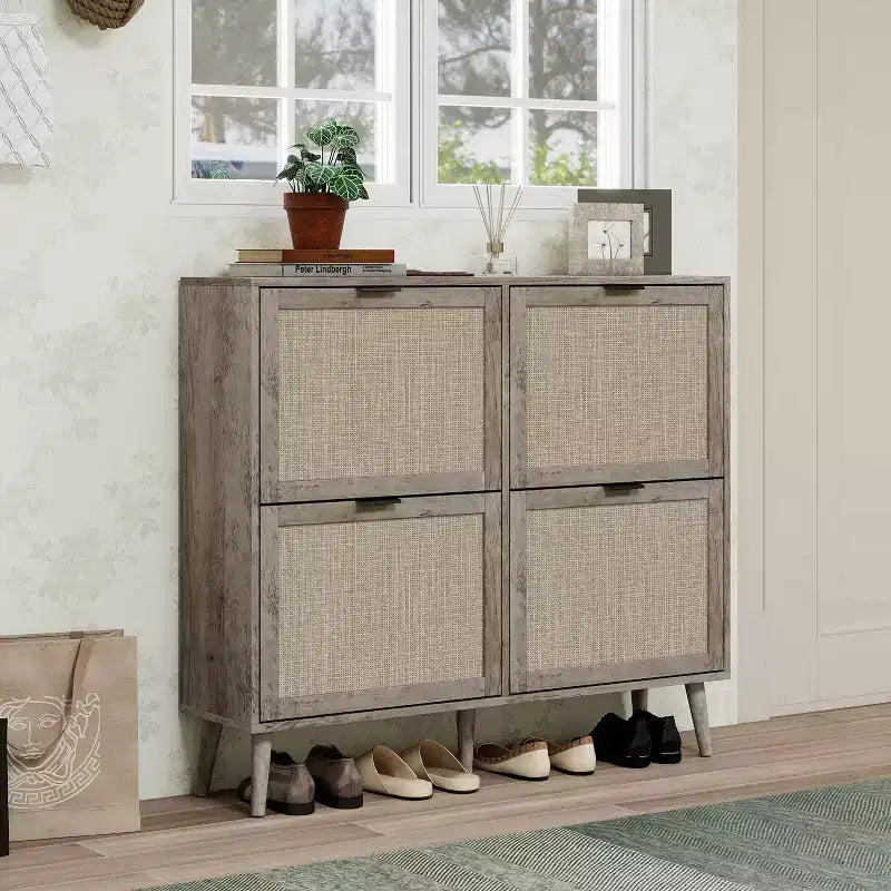 Farmhouse Wooden Rattan Shoe Rack with 4 Tilt-Out Doors