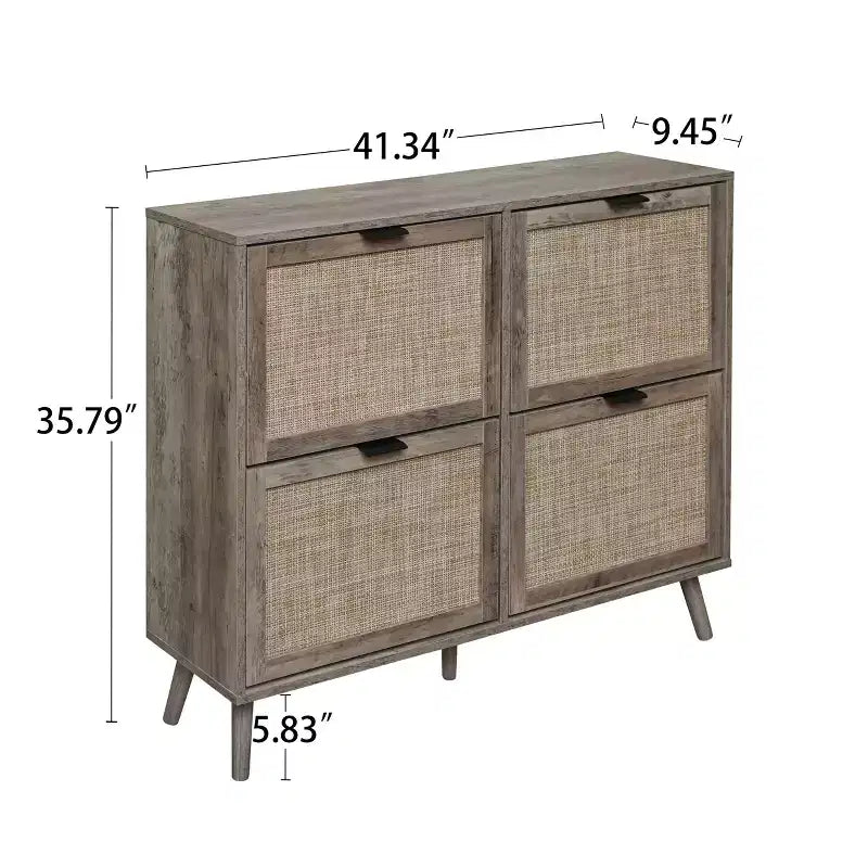 Farmhouse Wooden Rattan Shoe Rack with 4 Tilt-Out Doors