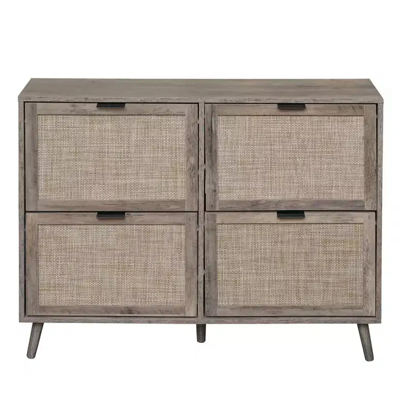 Farmhouse Wooden Rattan Shoe Rack with 4 Tilt-Out Doors