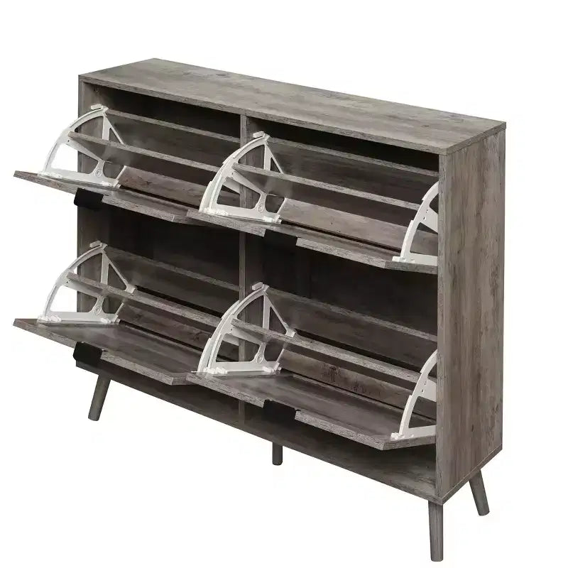 Farmhouse Wooden Rattan Shoe Rack with 4 Tilt-Out Doors