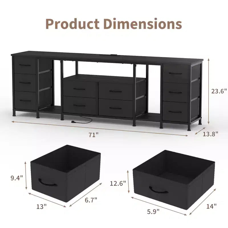 10 Drawer Dresser, TV Stand with Fabric Drawers and Power Outlets for 75 70 65 Inch TV, TV Console Table, Entertainment Center with Storage Shelves
