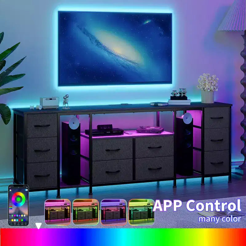 10 Drawer Dresser, TV Stand with Fabric Drawers and Power Outlets for 75 70 65 Inch TV, TV Console Table, Entertainment Center with Storage Shelves