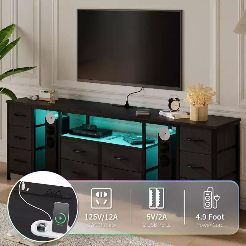 10 Drawer Dresser, TV Stand with Fabric Drawers and Power Outlets for 75 70 65 Inch TV, TV Console Table, Entertainment Center with Storage Shelves