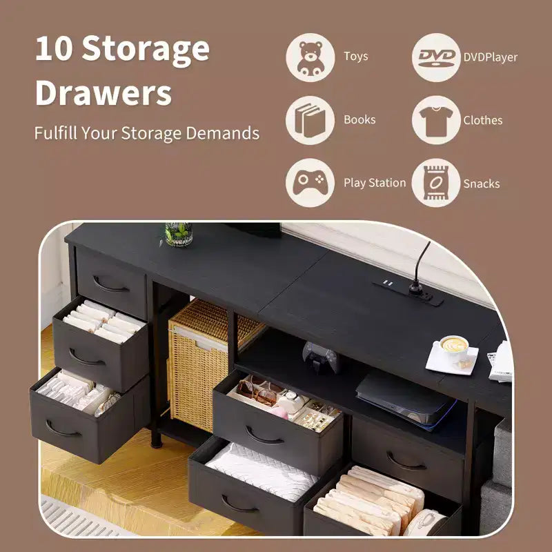 10 Drawer Dresser, TV Stand with Fabric Drawers and Power Outlets for 75 70 65 Inch TV, TV Console Table, Entertainment Center with Storage Shelves