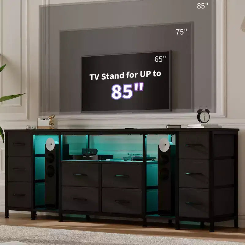 10 Drawer Dresser, TV Stand with Fabric Drawers and Power Outlets for 75 70 65 Inch TV, TV Console Table, Entertainment Center with Storage Shelves