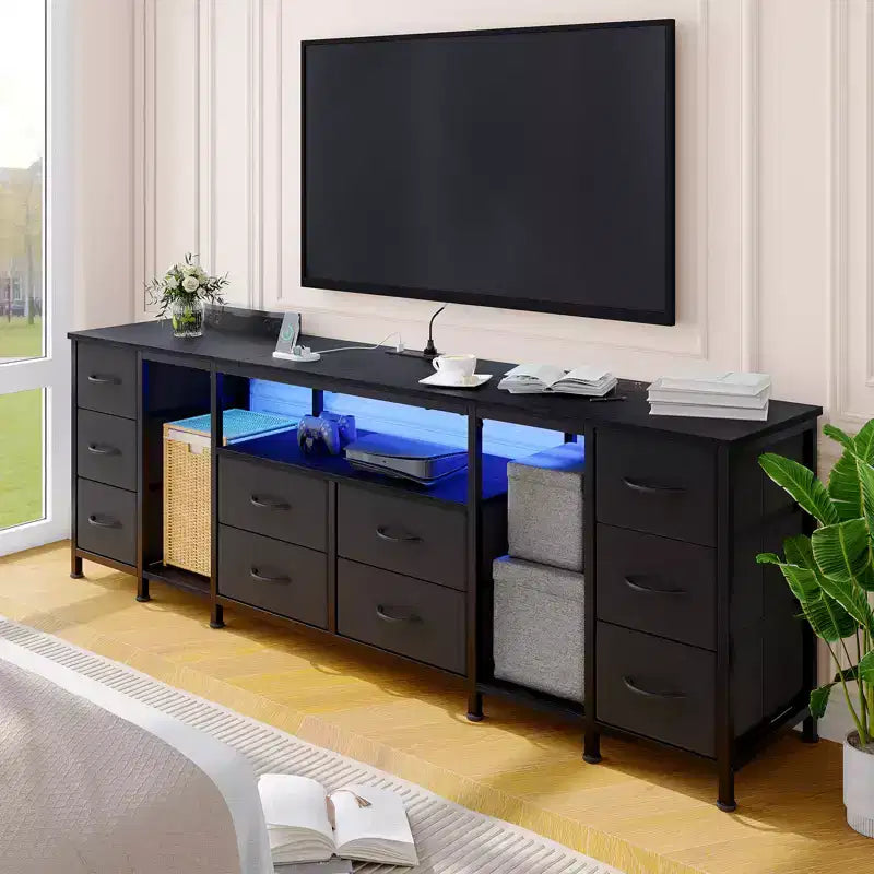10 Drawer Dresser, TV Stand with Fabric Drawers and Power Outlets for 75 70 65 Inch TV, TV Console Table, Entertainment Center with Storage Shelves