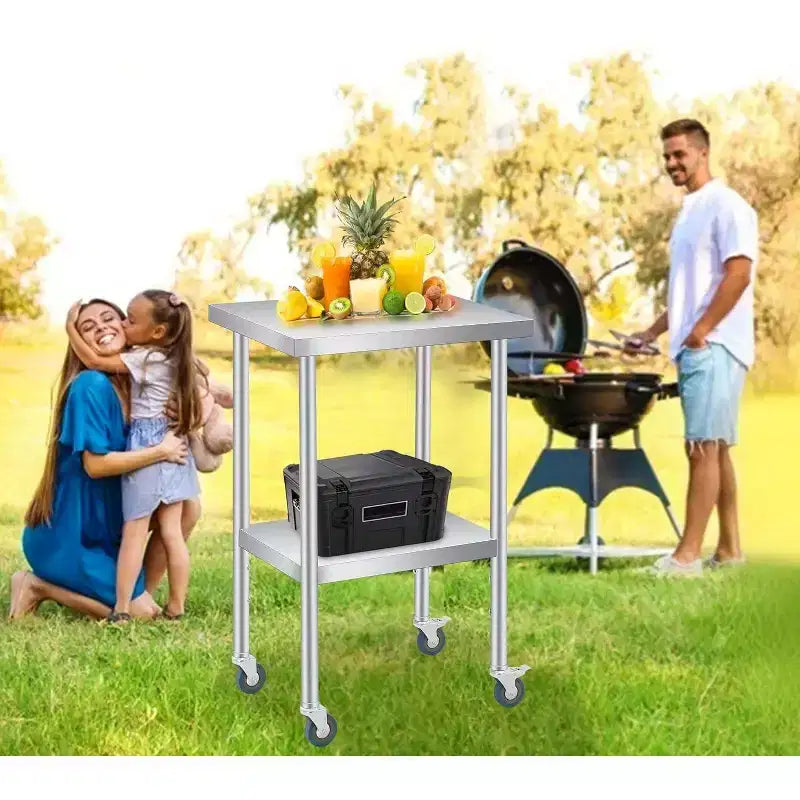Stainless Steel Work Table, 24x18 Inches, Adjustable Undershelf & 4 Casters, Heavy-Duty for Commercial, Kitchen, or Outdoor Use