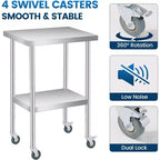 Stainless Steel Work Table, 24x18 Inches, Adjustable Undershelf & 4 Casters, Heavy-Duty for Commercial, Kitchen, or Outdoor Use
