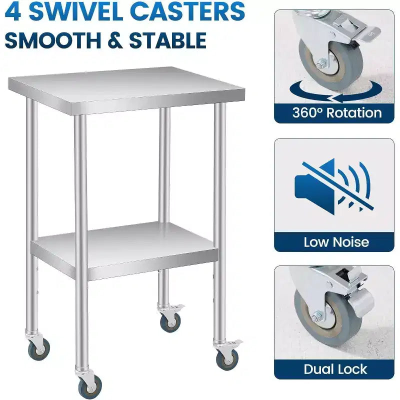 Stainless Steel Work Table, 24x18 Inches, Adjustable Undershelf & 4 Casters, Heavy-Duty for Commercial, Kitchen, or Outdoor Use