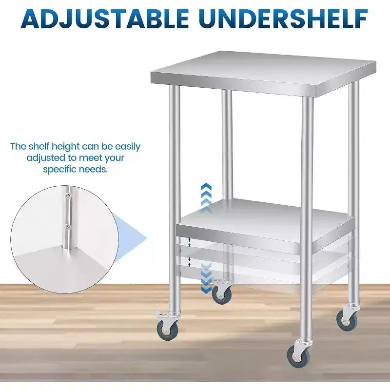 Stainless Steel Work Table, 24x18 Inches, Adjustable Undershelf & 4 Casters, Heavy-Duty for Commercial, Kitchen, or Outdoor Use