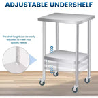 Stainless Steel Work Table, 24x18 Inches, Adjustable Undershelf & 4 Casters, Heavy-Duty for Commercial, Kitchen, or Outdoor Use