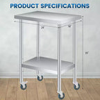 Stainless Steel Work Table, 24x18 Inches, Adjustable Undershelf & 4 Casters, Heavy-Duty for Commercial, Kitchen, or Outdoor Use