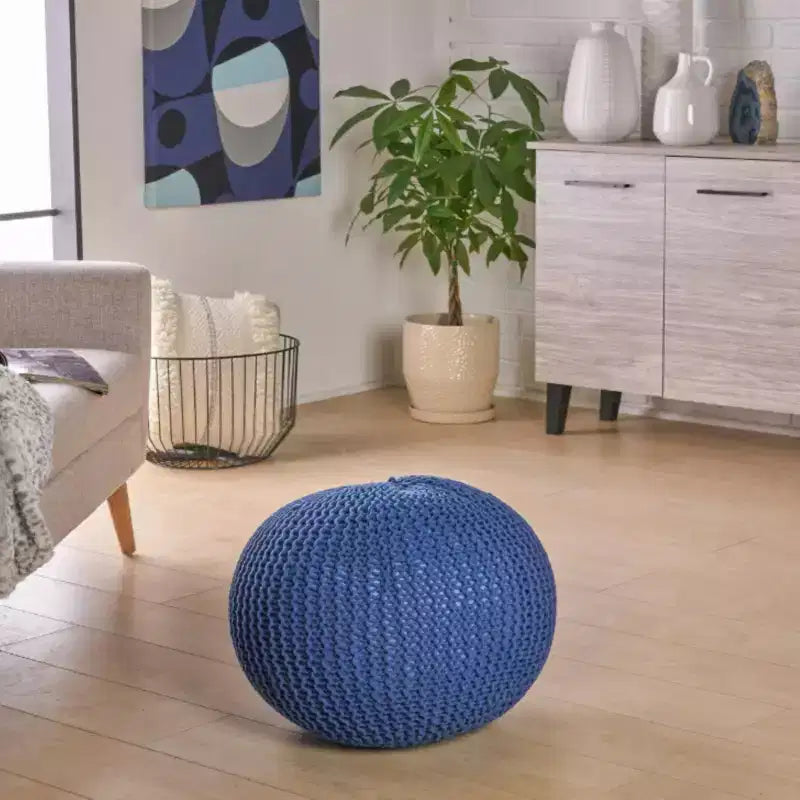 20 Modern Round Ottoman Pouf with Knitted Design Small Ottoman Floor Cushion Foot Stool for Living Room, Bedroom, Entryway