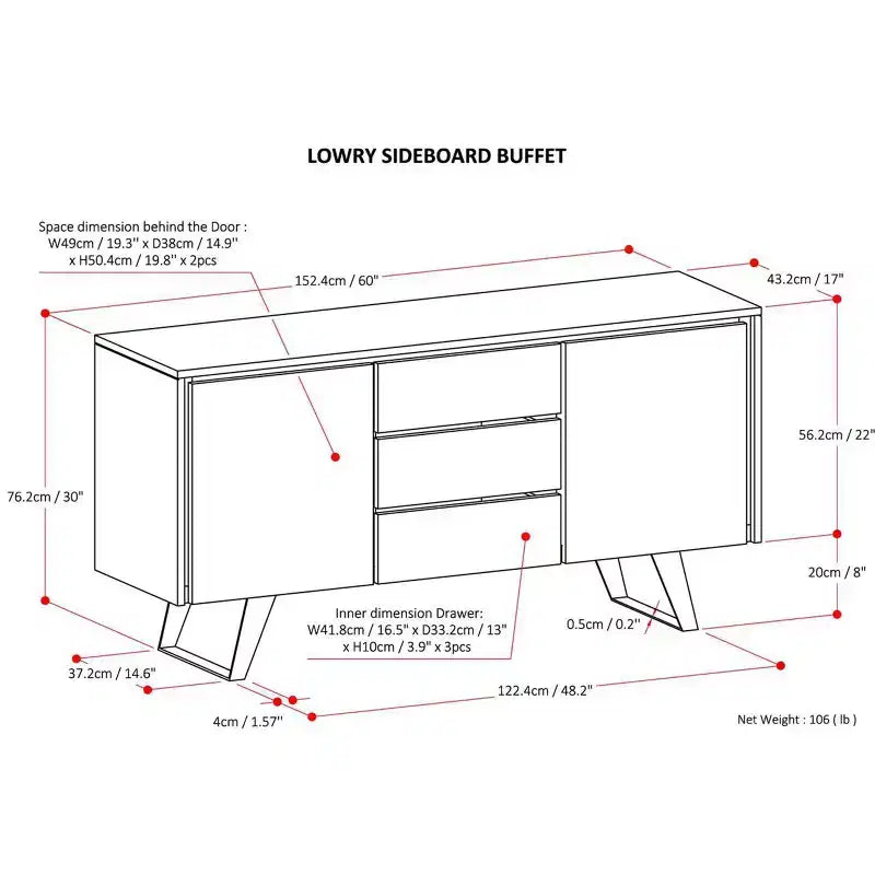 60 Inch x 17 inch Rectangle Modern Industrial Sideboard Buffet in Walnut Veneer