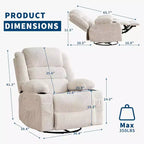 360 Swivel Rocker Recliner Chair for Adults, Rocking Manual Glider Sofa with 3 Positions, 2 Cup Holders, 4 Pockets for Living Room, Bedroom