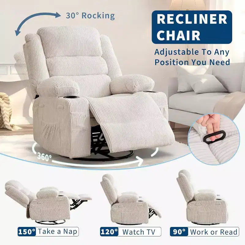 360 Swivel Rocker Recliner Chair for Adults, Rocking Manual Glider Sofa with 3 Positions, 2 Cup Holders, 4 Pockets for Living Room, Bedroom