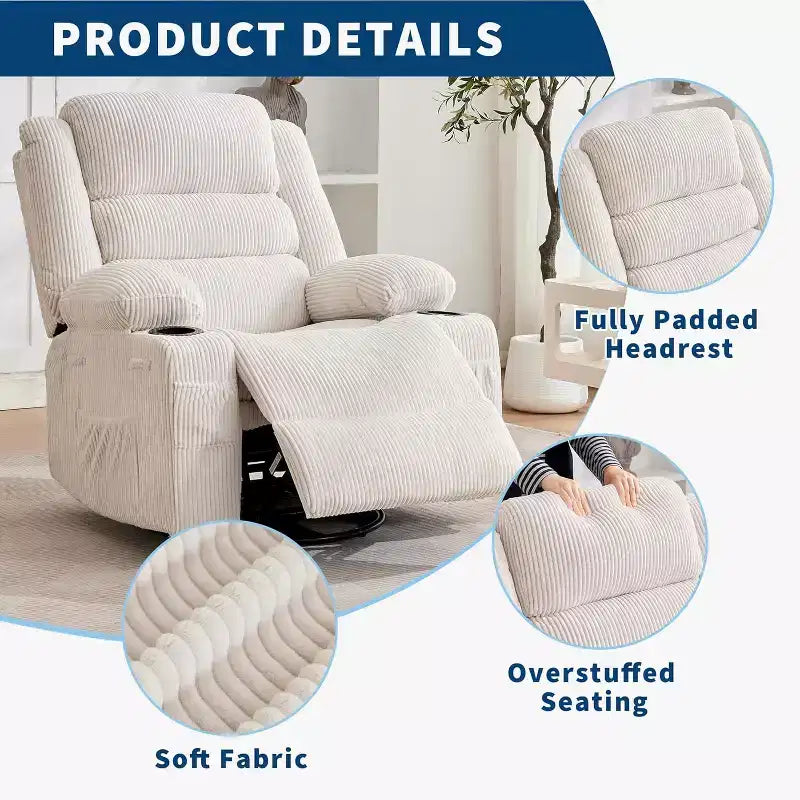 360 Swivel Rocker Recliner Chair for Adults, Rocking Manual Glider Sofa with 3 Positions, 2 Cup Holders, 4 Pockets for Living Room, Bedroom