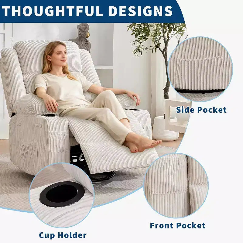 360 Swivel Rocker Recliner Chair for Adults, Rocking Manual Glider Sofa with 3 Positions, 2 Cup Holders, 4 Pockets for Living Room, Bedroom