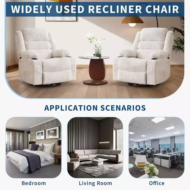 360 Swivel Rocker Recliner Chair for Adults, Rocking Manual Glider Sofa with 3 Positions, 2 Cup Holders, 4 Pockets for Living Room, Bedroom